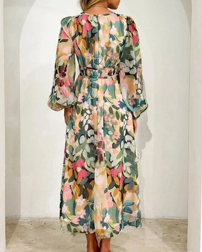 Brenta | Boho Chiffon Floral V Neck Long Sleeve Spring Maxi Dress