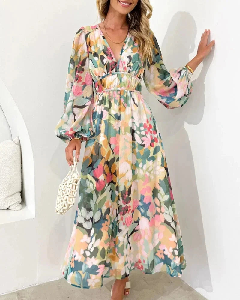 Brenta | Boho Chiffon Floral V Neck Long Sleeve Spring Maxi Dress