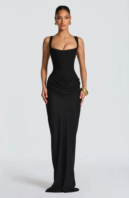 Galatea | Elegant Satin Square Neck Bodycon Backless Maxi Dress