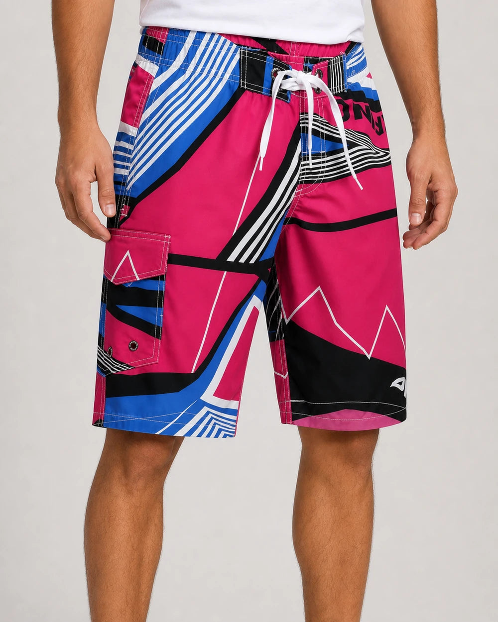 Pink, blue and black geometric knee-length swim shorts, front view.