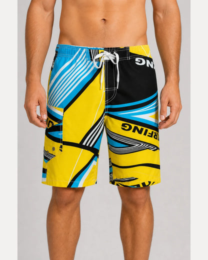 Men’s blue and yellow geometric knee-length swim shorts, straight front fit view.