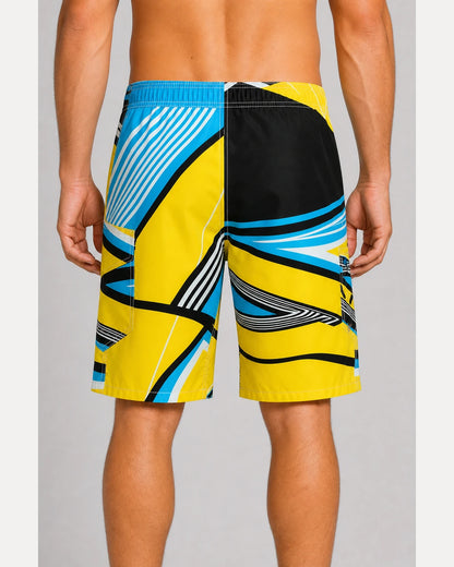 Men’s blue and yellow geometric knee-length swim shorts, straight rear fit view.