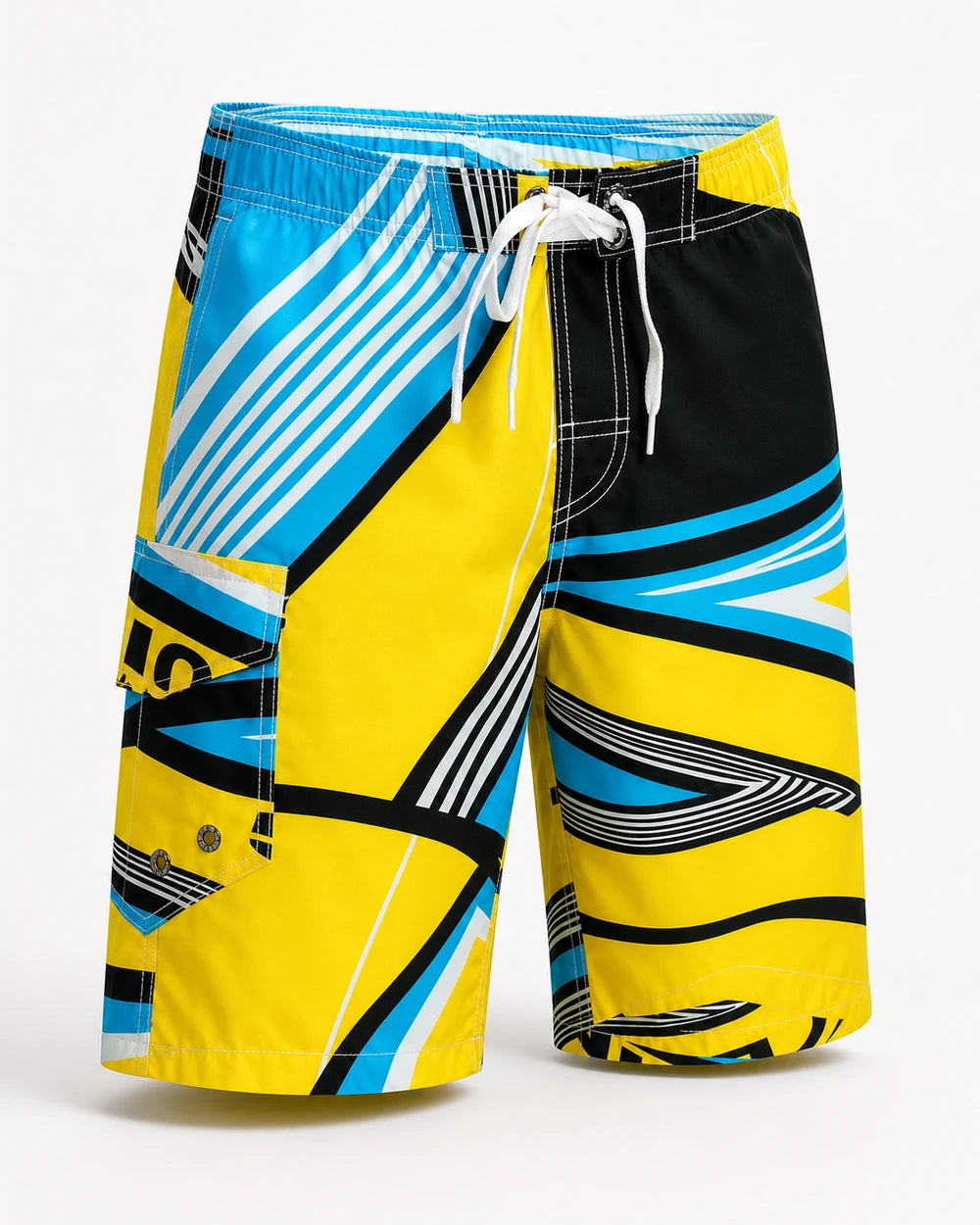 Blue and yellow geometric knee-length swim shorts, product-only front three-quarter view.