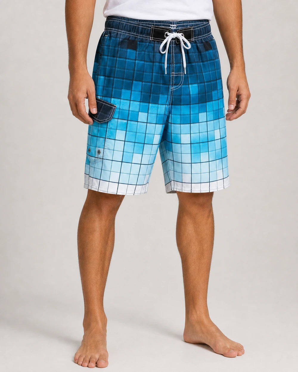 Blue gradient plaid knee-length swim shorts, front view.