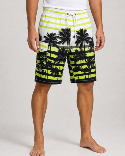 Lime green palm-print knee-length swim shorts, front view.