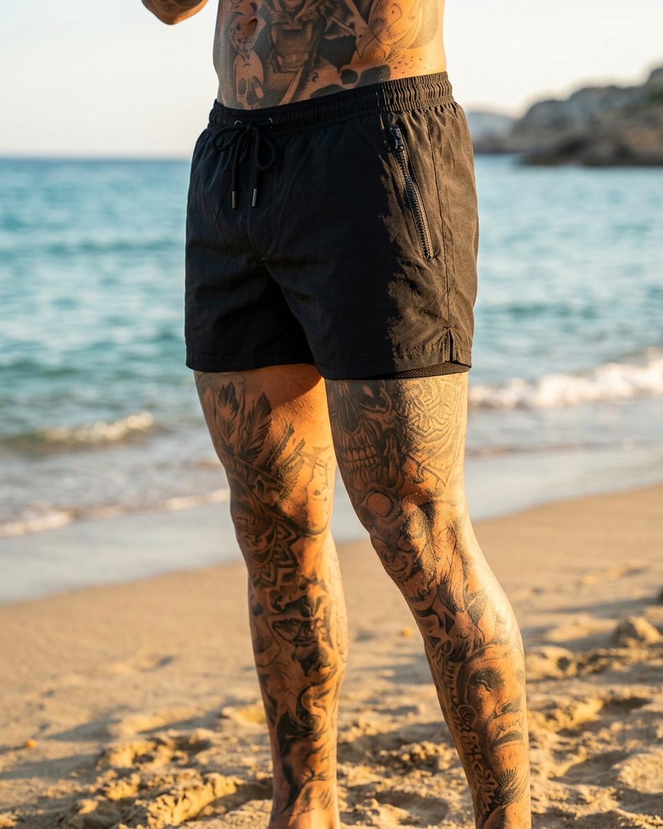 Momount Men Swim Shorts – Zipper Pocket Mesh Liner Drawstring Quick Dry - Black lifestyle