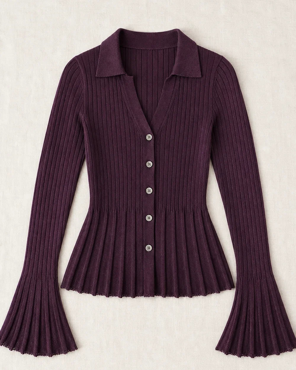 Purple ribbed polo-collar cardigan, clean product-only flat lay.