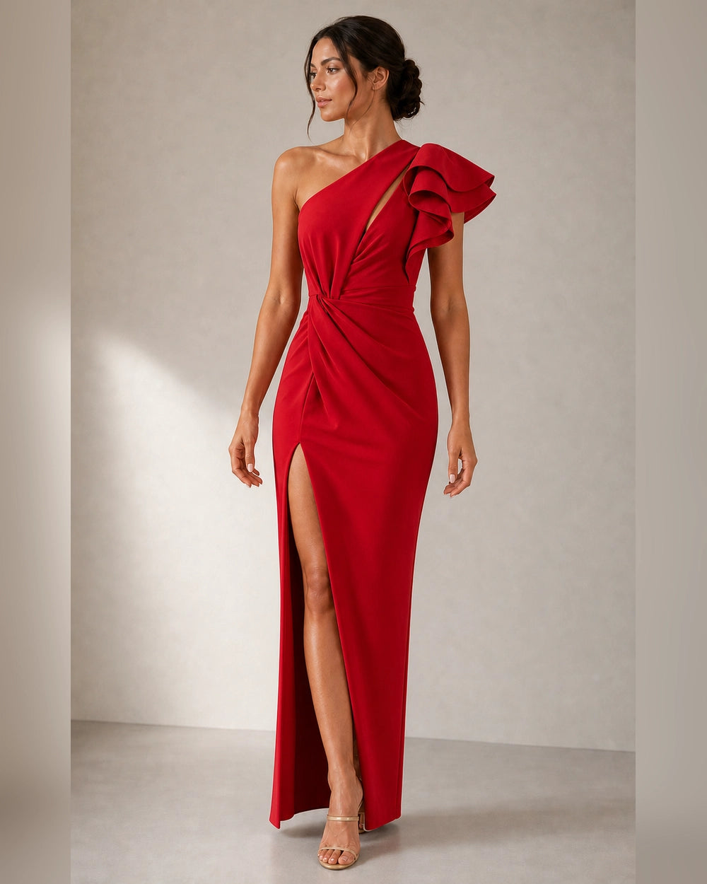 Women's red one-shoulder ruffled evening dress, front view. — womens-one-shoulder-ruffled-evening-dress-red-06-hero.webp
