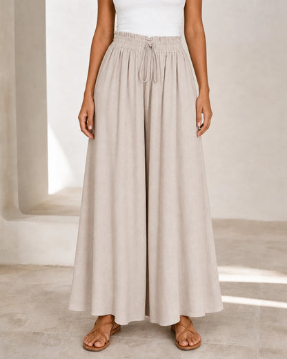 Women's high-waist wide-leg trousers in Apricot, front view. — womens-wide-leg-trousers-apricot-03-front.webp