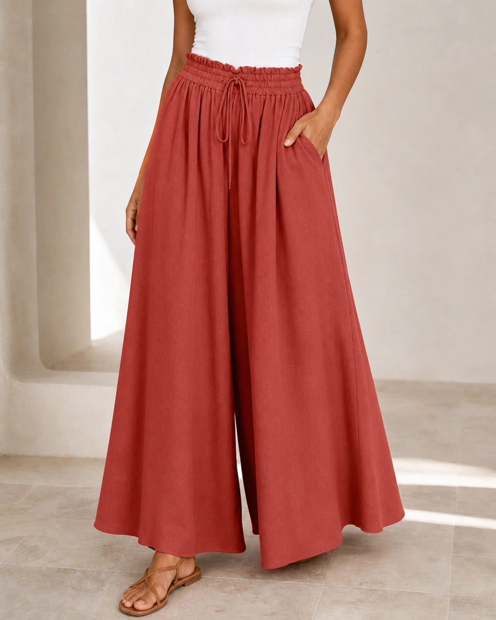 Women's high-waist wide-leg trousers in Red, primary view. — womens-wide-leg-trousers-red-10-primary.webp